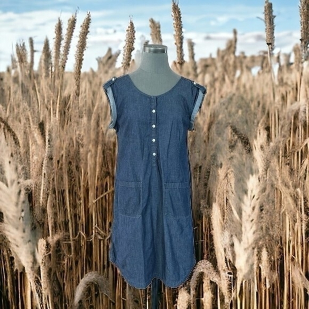 Gap Women's Denim Blue Shift Dress M 100% Cotton Roll Tab Sleeve Pockets VG - Picture 3 of 9